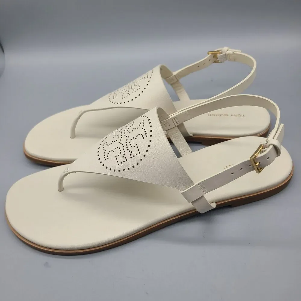 TORY BURCH CAPRI Perforated Logo White Leather Thong Flat Sandals  Sz 10.5 New